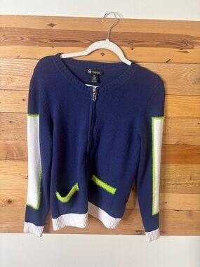 St. John Collection Navy Zip Cardigan with White and Lime Trim